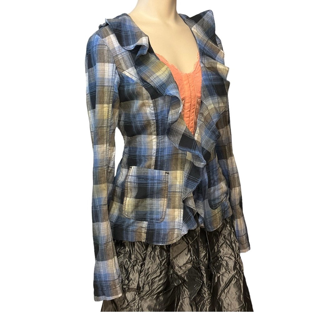 FREE PEOPLE sz 2 Jacket Shirt Liberty Plaid Ruffle Collar Open Front Blue +